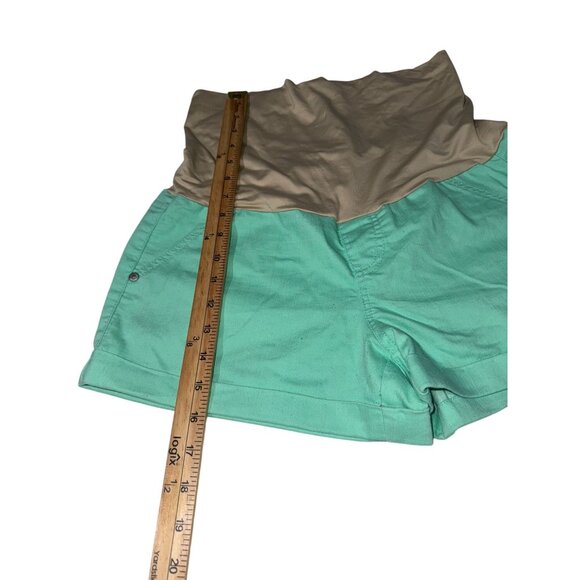 Celebrity Pink Maternity High-Waist Green Shorts With Beige Stretch Waistband - Picture 6 of 7